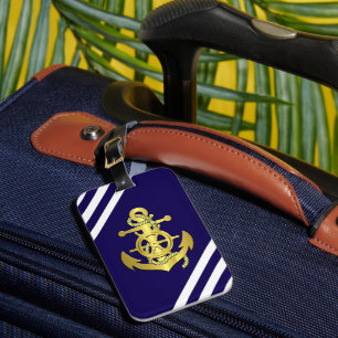 Nautical ship wheel/anchor navy-blue stripe/gold luggage tag