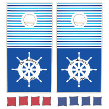 Nautical Ship Wheel Blue White Striped Custom Name