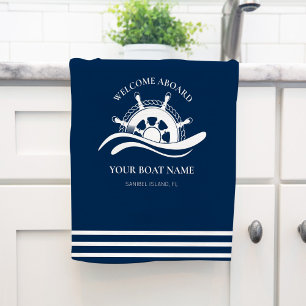 Nautical Ship Wheel Boat Name Navy Blue  Tea Towel