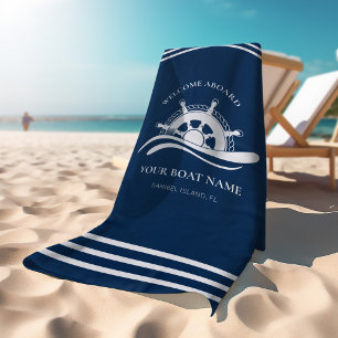 Nautical Ship Wheel Boat Name Welcome Aboard Navy Beach Towel
