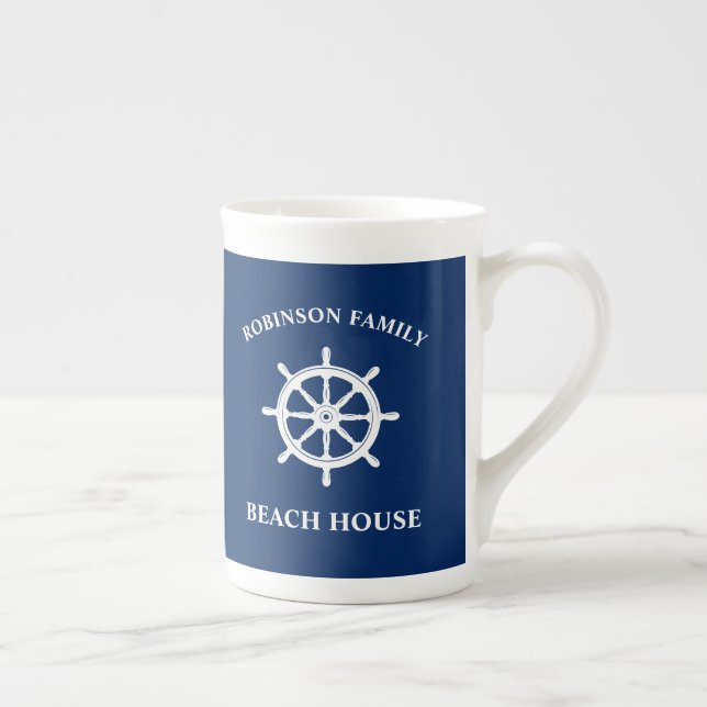 Nautical Ship Wheel Helm Family Beach House Navy Bone China Mug (Right)