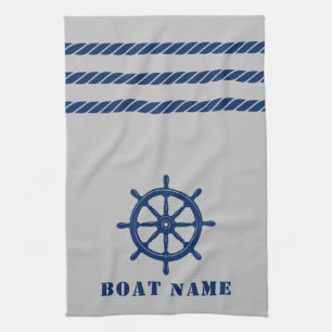 Nautical Ship Wheel Helm Rope Your Boat Name Gray Tea Towel