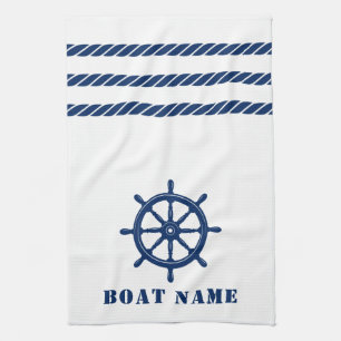 Nautical Ship Wheel Helm Rope Your Boat Name White Tea Towel