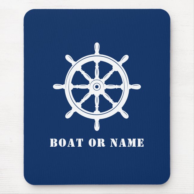 Nautical Ship Wheel Helm & Your Boat or Name Navy Mouse Pad (Front)