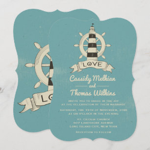 Nautical Ship Wheel Lighthouse Blue Teal Wedding Invitation