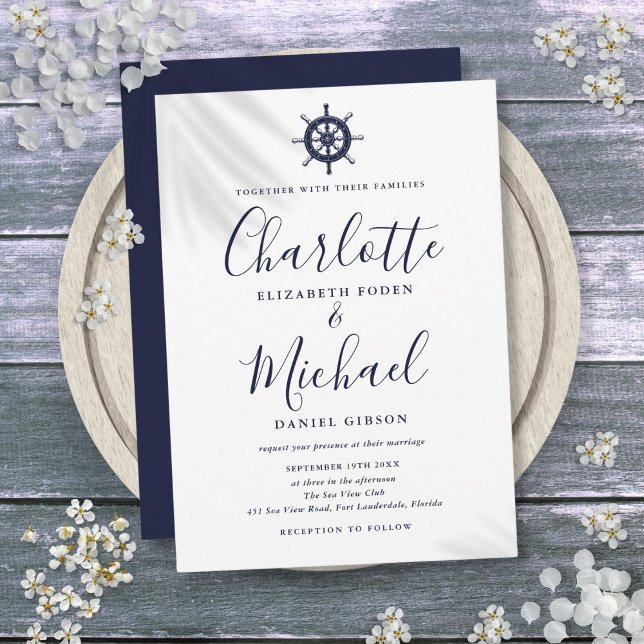 Nautical Ship Wheel Navy Blue Script Wedding Invitation (Nautical Ship Wheel Navy Blue Script Wedding Invitation)