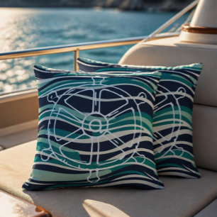 Nautical Ship Wheel Outdoor Pillow – Coastal Navy 