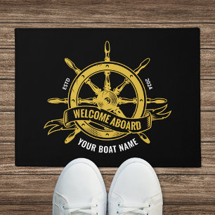 Nautical Ship Wheel Welcome Aboard Black & Gold Doormat