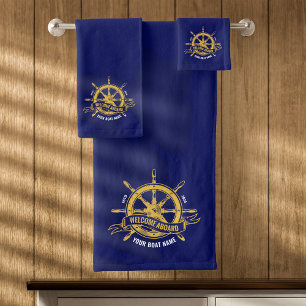 Nautical Ship Wheel Welcome Aboard Navy Blue Gold Bath Towel Set