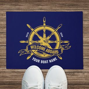 Nautical Ship Wheel Welcome Aboard Navy Blue Gold Doormat