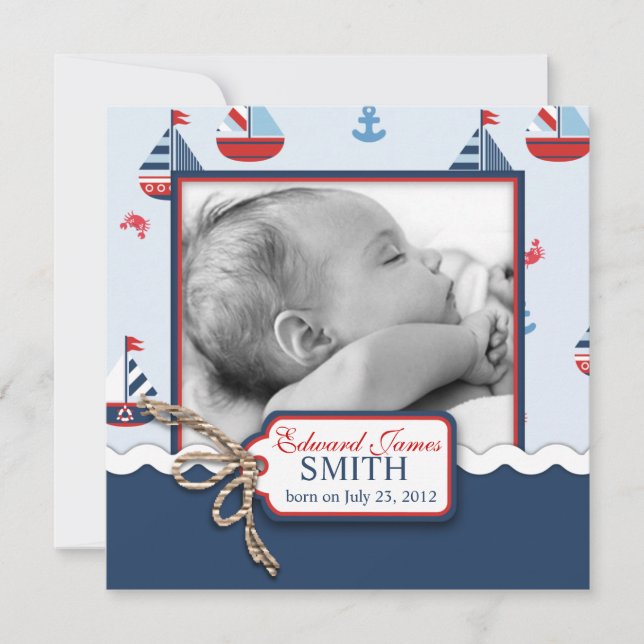 Nautical Ships Ahoy! Birth Announcement SQ (Front)