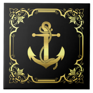 Nautical ship's anchor silhouette/gold/black tile