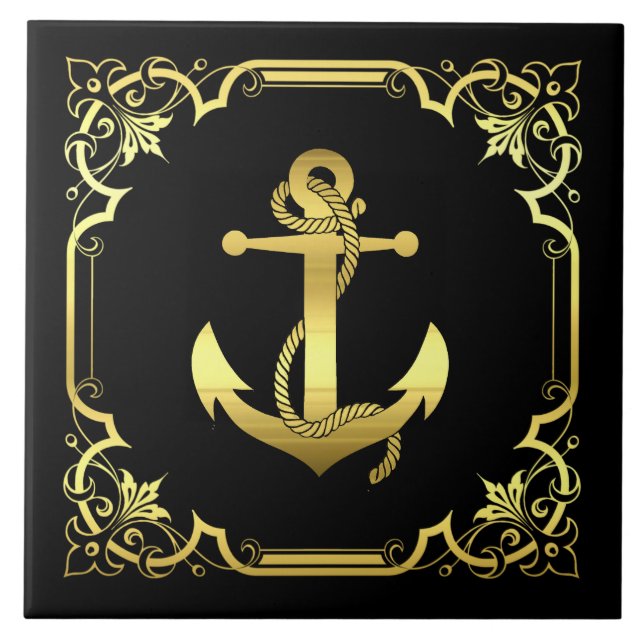 Nautical ship's anchor silhouette/gold/black tile (Front)