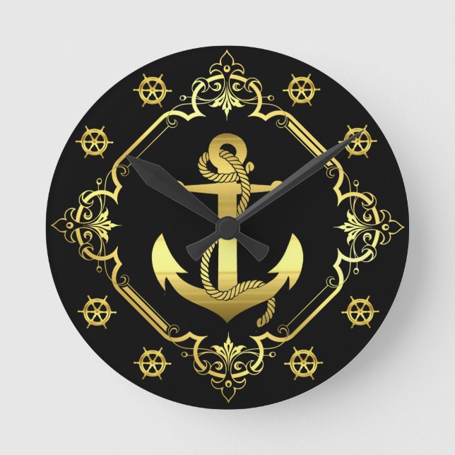 Nautical ship's anchor/wheels gold/black/black round clock (Front)