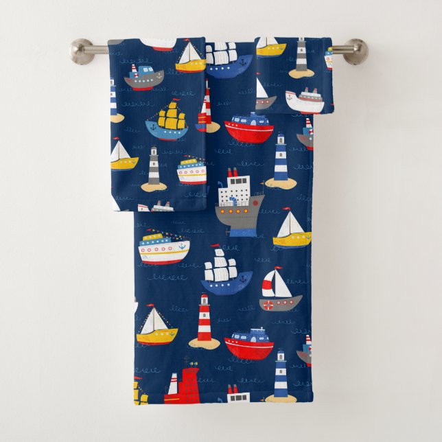 Nautical Ships and Boats Ocean Vehicles Pattern Bath Towel Set (Insitu)
