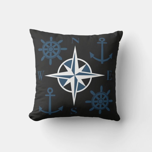 Nautical Ships Helm Compass Anchors Navy Black Cushion (Front)