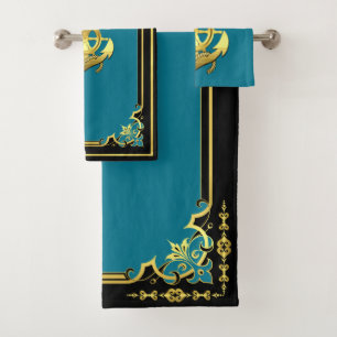 Nautical ship's wheel/anchor aqua-blue/gold  bath  bath towel set