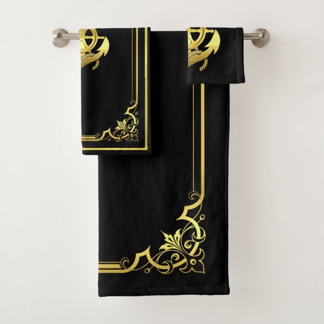 Nautical ship's wheel/anchor black/gold bath towel set (Insitu)