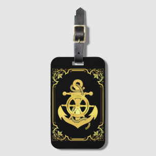 Nautical ship's wheel/anchor black/gold luggage tag