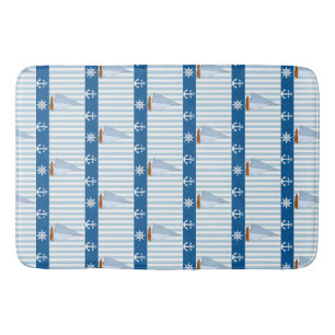 Nautical Ships Wheel Anchor Blue White Stripes Bath Mat