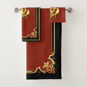 Nautical ship's wheel/anchor brick red/gold   bath towel set