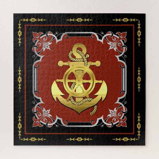 Nautical ship's wheel/anchor brick-red/gold/silver jigsaw puzzle (Vertical)