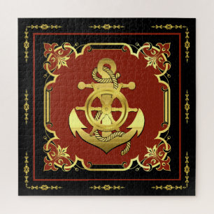Nautical ship's wheel/anchor brick-red/gold/silver jigsaw puzzle
