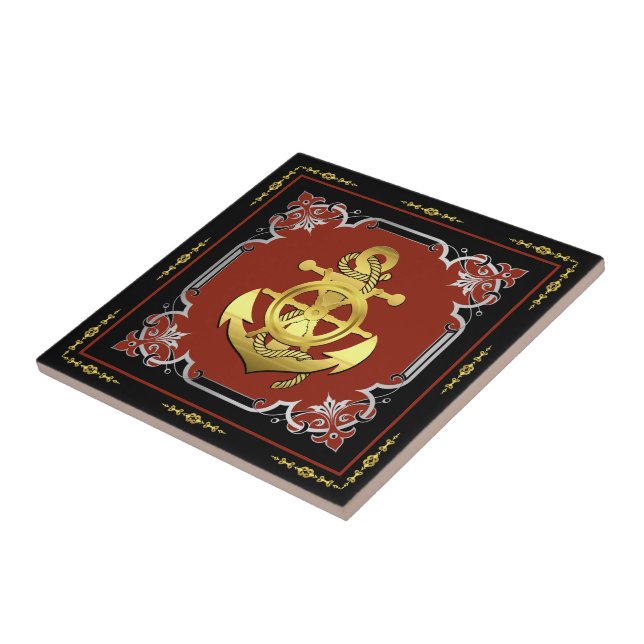 Nautical ship's wheel/anchor brick-red/gold/silver tile (Side)