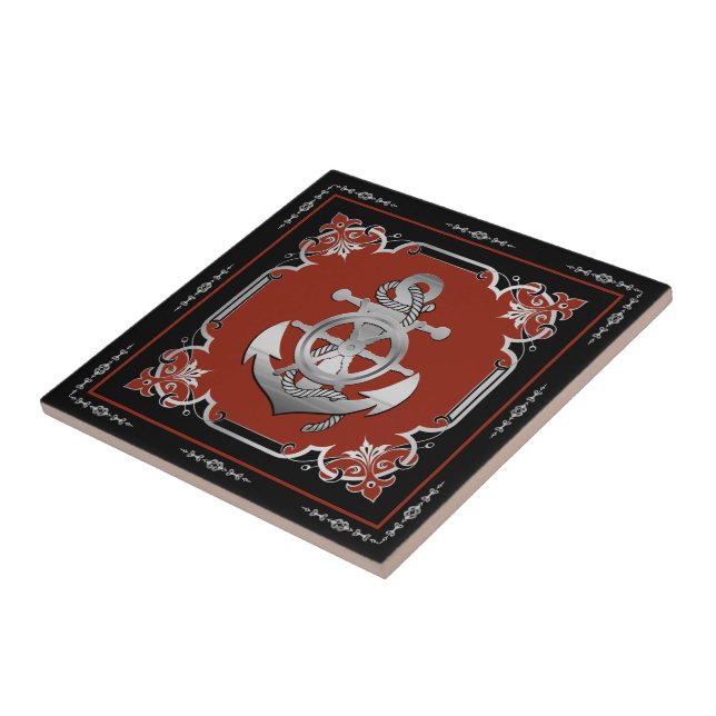 Nautical ship's wheel/anchor brick-red/silver tile (Side)