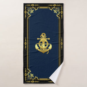 Nautical ship's wheel/anchor navy-blue/gold bath t towel