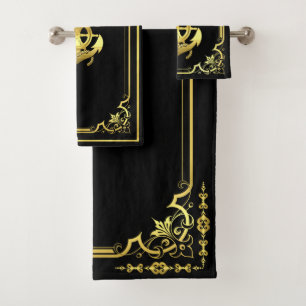 Nautical ship's wheel/anchor navy-blue/gold bath t towel set