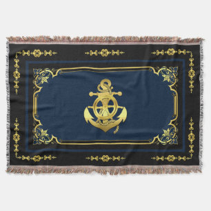 Nautical ship's wheel/anchor navy-blue/gold throw blanket