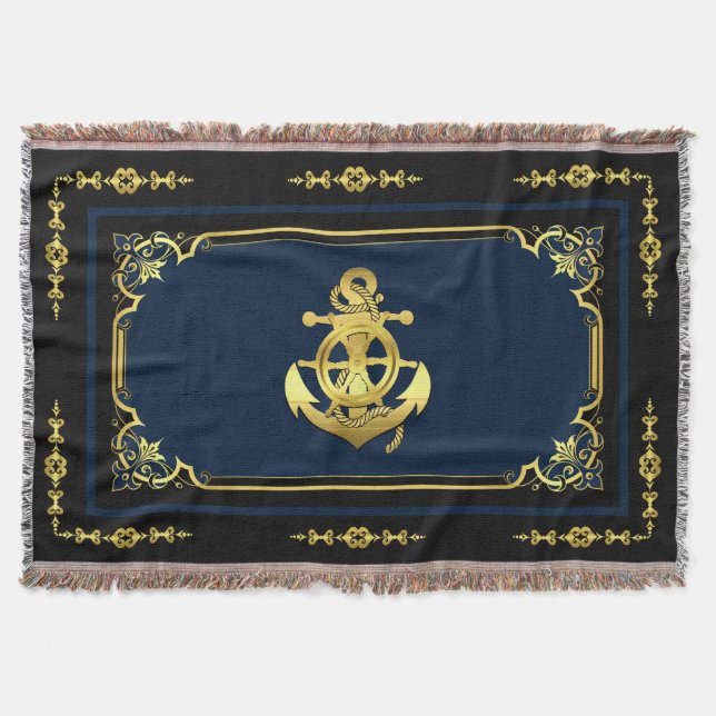 Nautical ship's wheel/anchor navy-blue/gold throw blanket (Front)
