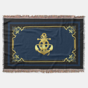 Nautical ship's wheel/anchor navy-blue/gold throw blanket