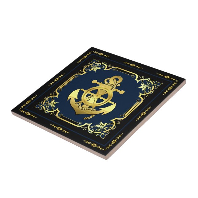 Nautical ship's wheel/anchor navy-blue/gold tile (Side)
