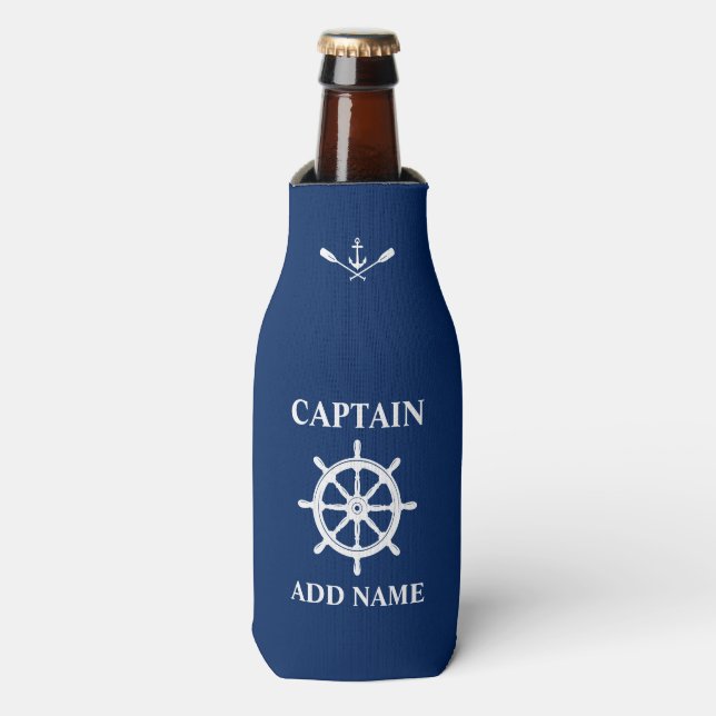 Nautical Ships Wheel Anchor Oars Captain Name Navy Bottle Cooler (Bottle Front)