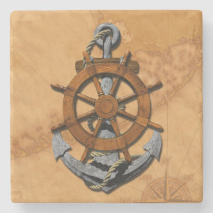 Nautical Ships Wheel And Anchor Stone Coaster