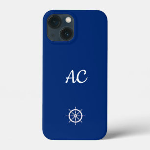 Nautical Ships Wheel Blue+White (Personalise) iPhone 13 Mini Case