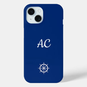Nautical Ships Wheel Blue+White (Personalise) iPhone 15 Case