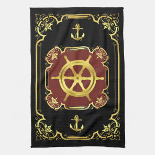 Nautical ship's wheel gilded black/gold/red tea towel