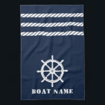 Nautical Ships Wheel Helm Rope Your Boat Name Blue Tea Towel<br><div class="desc">Custom Nautical Ships Wheel Helm and Rope Stripes with Your Personalised Boat Name on a Deep Navy Blue Kitchen Towel.</div>
