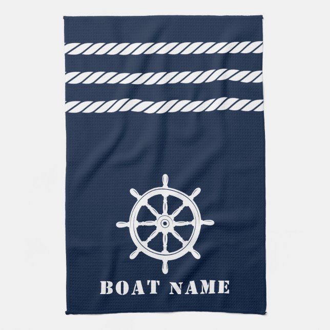 Nautical Ships Wheel Helm Rope Your Boat Name Blue Tea Towel (Vertical)