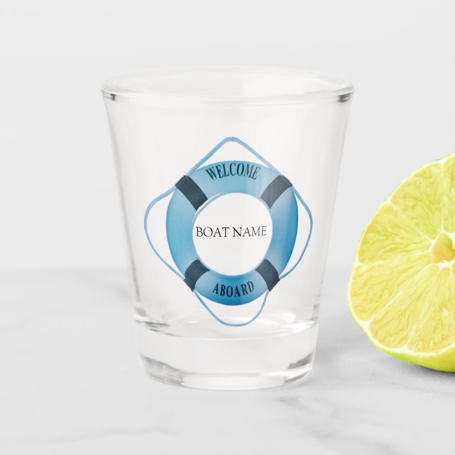 Nautical Ships Wheel Helm with Your Boat Name Shot Glass (Front)