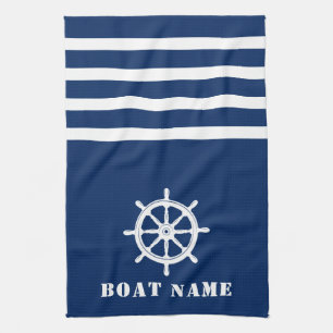 Nautical Ships Wheel Helm Your Boat Name Navy Blue Tea Towel