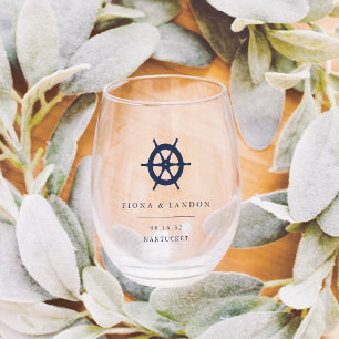 Nautical Ship's Wheel Personalized Wedding Favor Stemless Wine Glass
