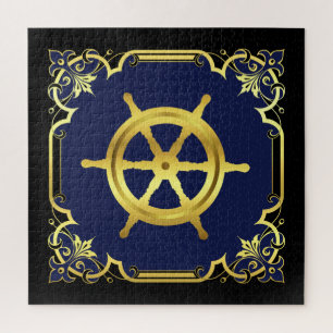 Nautical ship's wheel silhouette/gold/black/navy jigsaw puzzle