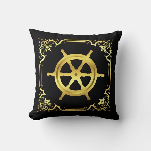 Nautical ship's wheel silhouette/gold/black square cushion (Front)