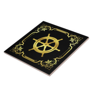 Nautical ship's wheel silhouette/gold/black tile