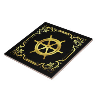Nautical ship's wheel silhouette/gold/black tile