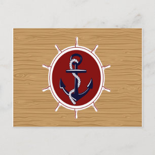 Nautical Ships Wheels Anchor on Wood Grain Postcard